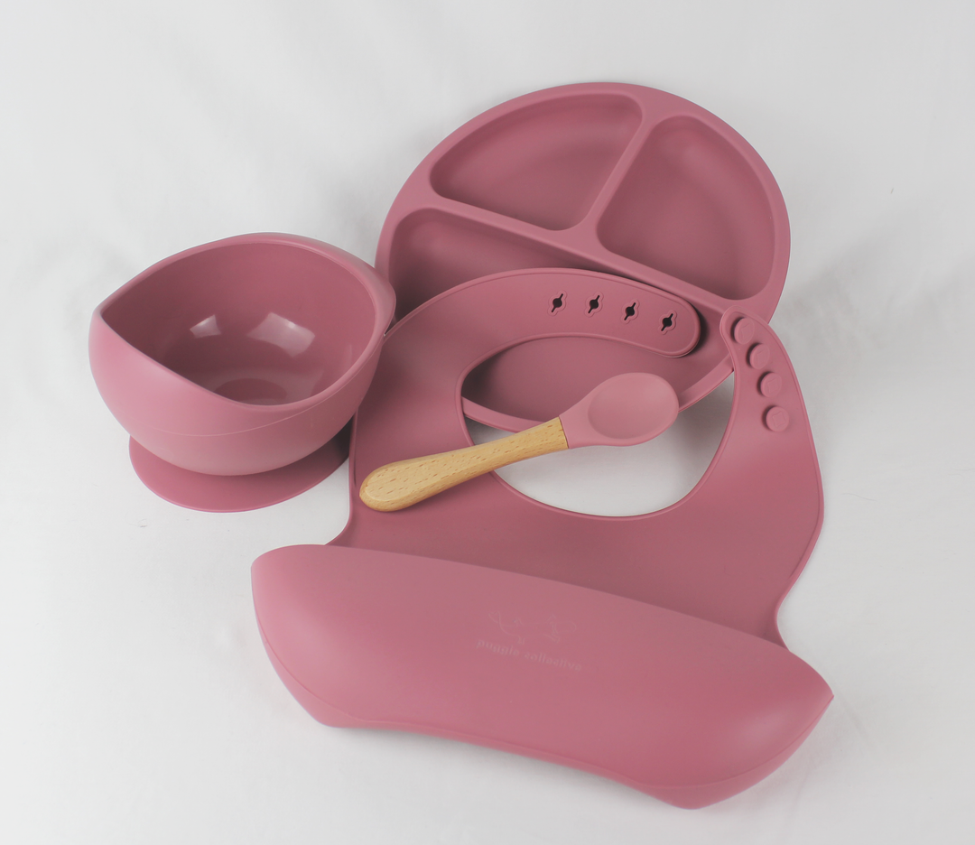 Four Piece Feeding Set Wild Rose Puggle Collective PuggleCollective BPA Free Silicone Tableware toys kids childrens baby gift gifting games baby weaning baby feeding plate bowl drinking suction plate suction bowl Non-stick