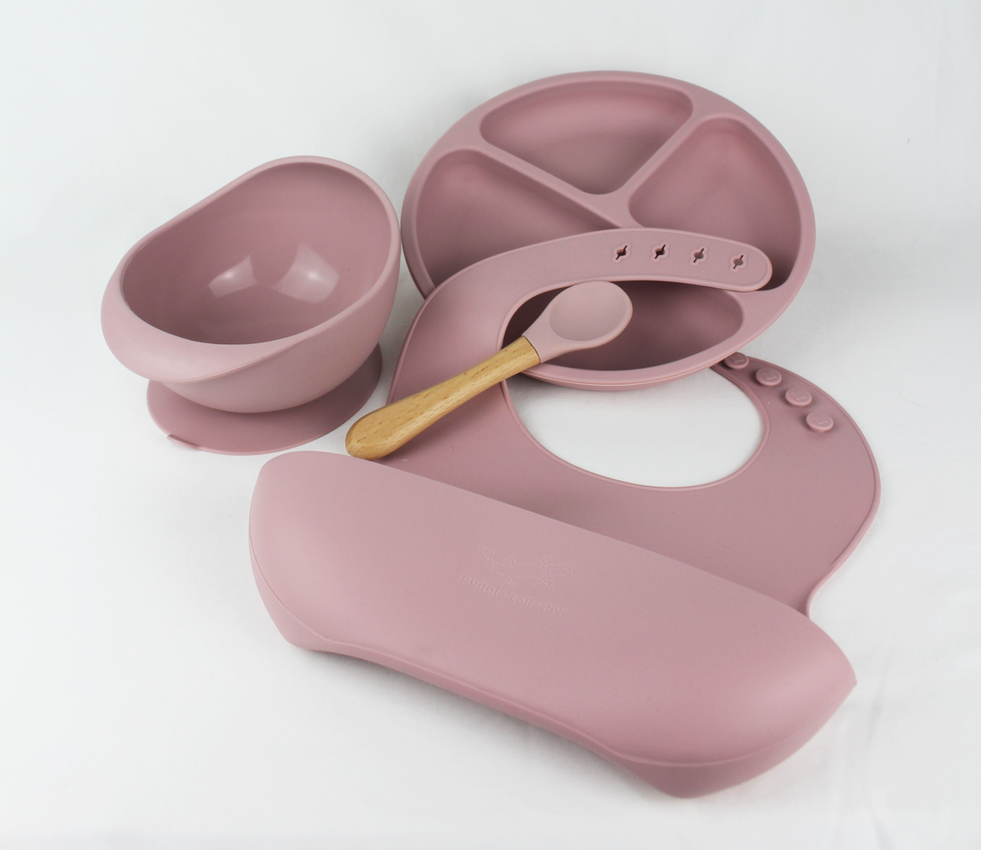 Four Piece Feeding Set Misty Lilac Puggle Collective PuggleCollective BPA Free Silicone Tableware toys kids childrens baby gift gifting games baby weaning baby feeding plate bowl drinking suction plate suction bowl Non-stick