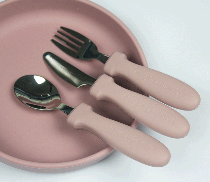 Metal Spoon Fork and Knife Set Misty Lilac Puggle Collective PuggleCollective BPA Free Silicone Tableware toys kids childrens baby gift gifting games baby weaning baby feeding plate bowl drinking suction plate suction bowl Non-stick