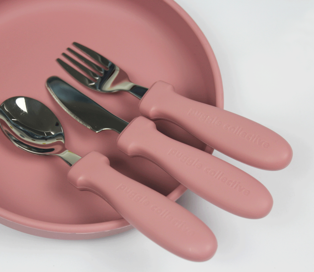 Metal Spoon Fork and Knife Set Wild Rose Puggle Collective PuggleCollective BPA Free Silicone Tableware toys kids childrens baby gift gifting games baby weaning baby feeding plate bowl drinking suction plate suction bowl Non-stick